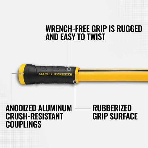 Close-up of Heavy Duty Pro Grade Garden Hose With PolyFusion Technology showing anodized aluminum crush-resistant couplings.