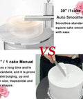 Comparison of Automatic Cake Decorating Machine Buttercream Spreader vs manual smoothing technique for cake finishing.