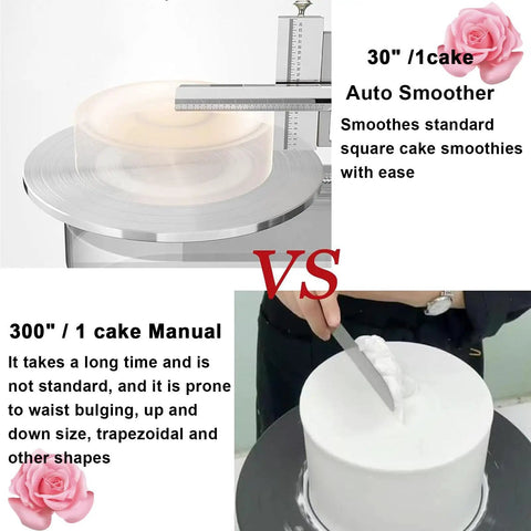 Comparison of Automatic Cake Decorating Machine Buttercream Spreader vs manual smoothing technique for cake finishing.