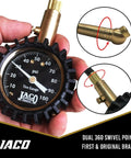 Front view of JACO ElitePro tire pressure gauge with brass chuck and 0–100 psi dial.