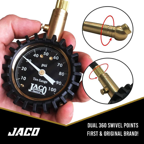 Front view of JACO ElitePro tire pressure gauge with brass chuck and 0–100 psi dial.