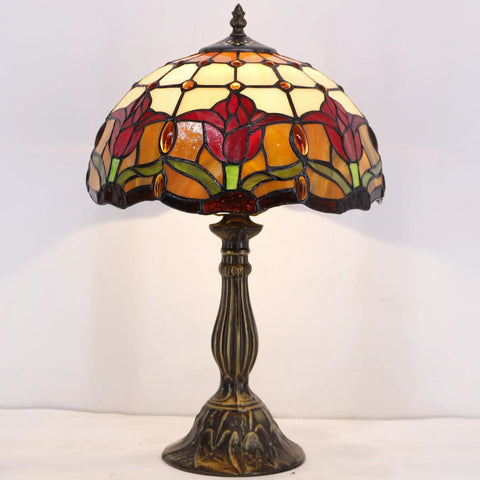Tiffany Style Stained Glass Tulip Table Lamp For Bedroom And Living Room, 12 Inch Shade, Antique Green Bronze Base, S030 Series