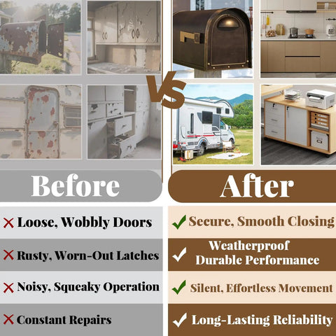 Before and after using Heavy Duty Mailbox Replacement Roller Catch Kit With Screws, 8 Pack, in mailboxes, cabinets, and RV doors.