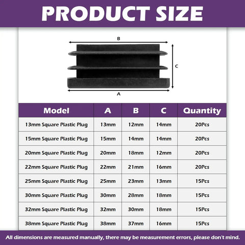 140Pcs Square Tubing End Caps Kit, Eight Sizes From 1/2 Inch To 1-1/2 Inch And Three Colors, size chart and diagram
