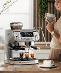 Top Shelf Semi Automatic Espresso Machine With Built In Grinder And Milk Frother, Dead Simple Setup On A Giant Touchscreen, 15 Bar Pressure, Pid Temperature Control, Chill Home Barista Vibes next to woman holding coffee mug.