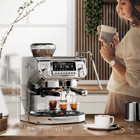 Top Shelf Semi Automatic Espresso Machine With Built In Grinder And Milk Frother, Dead Simple Setup On A Giant Touchscreen, 15 Bar Pressure, Pid Temperature Control, Chill Home Barista Vibes next to woman holding coffee mug.
