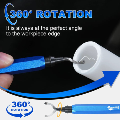 Pro Grade Deburring Tool Kit With 11 High Speed Steel Blades And A 360 Degree Rotary Head in use on white PVC pipe