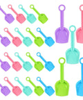 24 Pack Beach Shovels For Kids, 7 Point 7 Inch Plastic Sand Scoops In Bright 5 Colors arranged in a colorful display