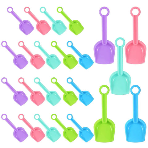 24 Pack Beach Shovels For Kids, 7 Point 7 Inch Plastic Sand Scoops In Bright 5 Colors arranged in a colorful display