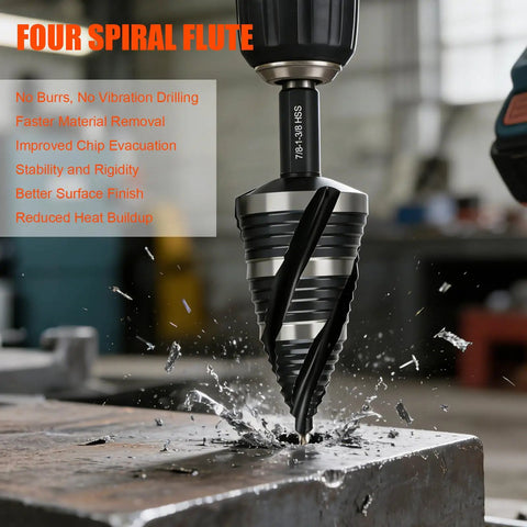 Pro Grade Five Piece Spiral Flute Step Drill Bit Set And Five Countersink Bits With Aluminum Case drill bit cutting metal