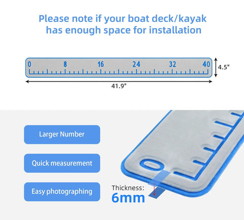 Diagram of 40 Inch EVA Foam Fish Ruler With Self Adhesive Backing For Boats And Kayaks Non Skid Surface Large 41.9 By 4.5 Inch Waterproof Measuring Stick For Catch Size On Deck, with measurement details and ruler thickness highlights.