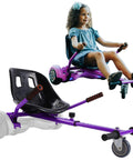 Hoverboard Seat Attachment Fits 6.5 To 10 Inch Self Balancing Scooters, Go Kart Conversion Kit, Ride On Go Cart Accessory For Kids And Adults, Purple And Easy Install shown with a child seated and empty view.