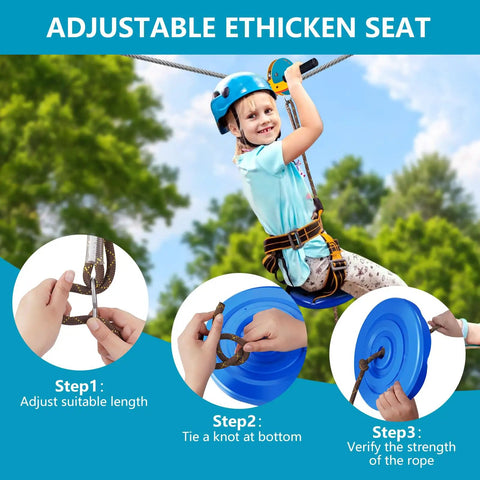 Child using Backyard Zip Line Kit For Kids And Adults With 75 100 120 And 150 Ft Trolley Options 350 Lb Weight Capacity Includes Swing Seat