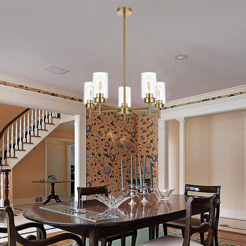 Five Light Farmhouse Chandelier For Dining Room And Kitchen Island Modern Matte Black Pendant Lighting With Clear Glass Shades