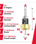 Front view of Amana Tool 55227 carbide-tipped 82° countersink with adjustable depth stop; 3/8" dia countersink, 1/8" drill dia, 1/4" quick-release hex shank