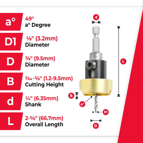 Front view of Amana Tool 55227 carbide-tipped 82° countersink with adjustable depth stop; 3/8" dia countersink, 1/8" drill dia, 1/4" quick-release hex shank