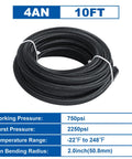 Black 10 Ft AN4 Fuel Line Kit Nylon Braided Hose With Stainless Steel Core And CPE Liner For High Performance Racing And Street Builds, coiled
