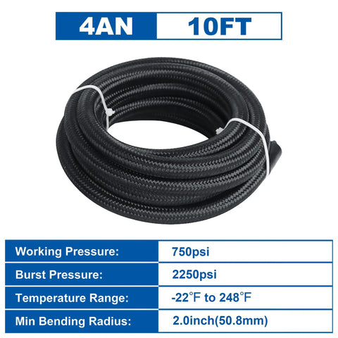 Black 10 Ft AN4 Fuel Line Kit Nylon Braided Hose With Stainless Steel Core And CPE Liner For High Performance Racing And Street Builds, coiled