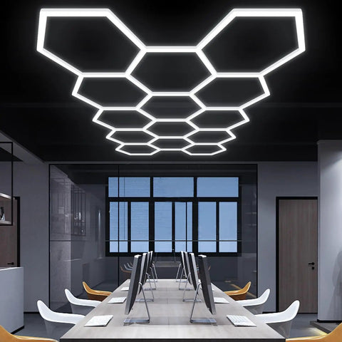 Hexagon LED Garage Lights Kit With 456W Output And 6500K Daylight, 14 Hex Panels in office setting
