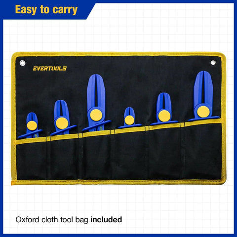 Evertools 6-piece hose clamp pliers set with blue handles in a black Oxford cloth tool bag with yellow trim included