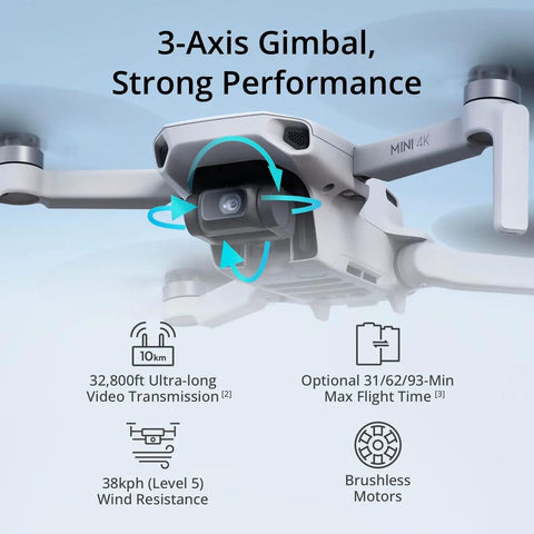 Mini 4K Drone Fly More Combo With Dope 4K UHD Camera For Cinematic Shots, 3-Axis Gimbal, 10 km Transmission, brushless motors.