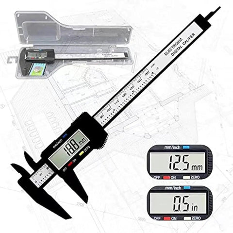 Budget Friendly Digital Caliper With LCD Screen 0 To 6 Inch Range Inch And Millimeter Conversion tool with display and case.