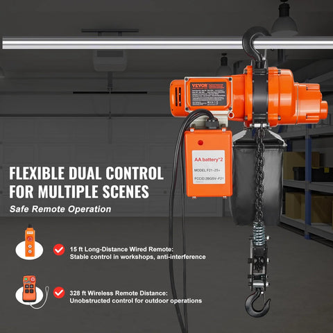 VEVOR orange electric chain hoist with chain and hook mounted on an overhead beam; wired and wireless remote controls.