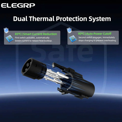 Tesla To J1772 80A EV Charger Adapter For Level 2 Charging showing dual thermal protection system