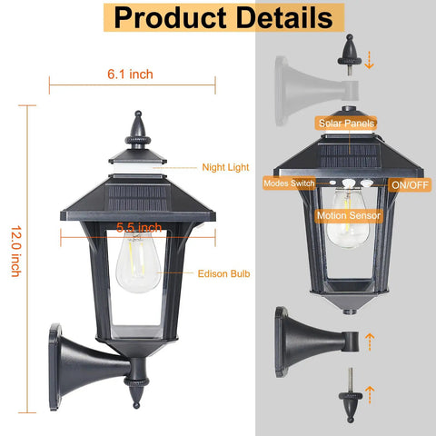 Two Pack Solar Wall Lantern Lights Outdoor With Motion Sensor, Three Lighting Modes, Dusk To Dawn LED Exterior Wall Sconces with dimensions