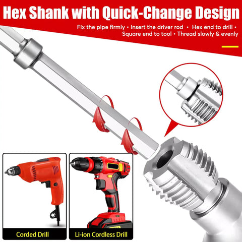 PVC Pipe Threader Set For Plumbing Repairs, featuring a hex shank design compatible with corded and cordless drills.