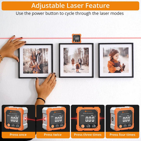Top Shelf Four Side Magnetic Digital Angle Finder With Dual Laser Level for Tiling Layouts, used for hanging framed pictures.