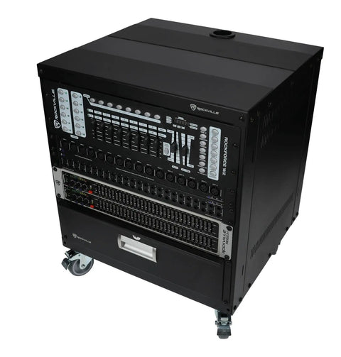 Hella Sturdy 10U Rolling Audio Rack Case For Live Sound And Recording Studio Gear With Smooth Casters, Reversible Mounting Rails, Smart Cable Ports, And A Totally Mobile Heavy Duty Build, showcasing top controls and connections.