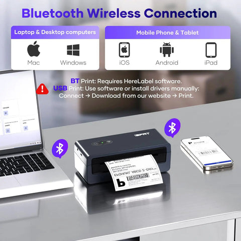 Wireless 4x6 Bluetooth Thermal Label Printer For Small Business And Shipping Print From IPhone Android Windows MacOS Easy App Connectivity For Amazon FBA And Shopify Orders Compact Desk Friendly, showing printer and labels on table