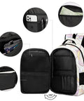 Open view of Rainbow Bow Kawaii Rabbit Printed Unisex Backpack with compartments and pockets, durable polyester, large capacity.