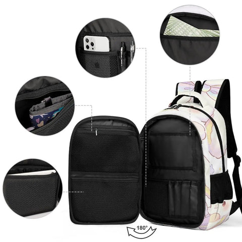 Open view of Rainbow Bow Kawaii Rabbit Printed Unisex Backpack with compartments and pockets, durable polyester, large capacity.