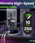 Cat6 Outdoor Flat Ethernet Cable 50 Foot White Direct Burial LLDPE Jacket Shielded FTP 10Gbps Ultra Fast Gaming Network Patch Cord RJ45 Snagless for Lag Free Internet connected to a gaming setup.