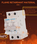 Two Pole DC Circuit Breaker 400V 30A C30 Thermal Magnetic Trip, 6kA Breaking Capacity, Ultra Fast 0.03 Second Trip, DC Disconnect Switch For Solar PV System, Solar Panel Protection And Safe System Shutdown shown with flame retardant material and 960°C mark