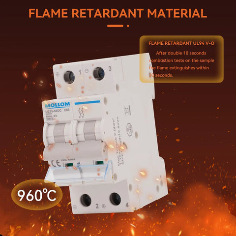 Two Pole DC Circuit Breaker 400V 30A C30 Thermal Magnetic Trip, 6kA Breaking Capacity, Ultra Fast 0.03 Second Trip, DC Disconnect Switch For Solar PV System, Solar Panel Protection And Safe System Shutdown shown with flame retardant material and 960°C mark