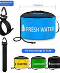 Waterproof RV Hose Storage Bags Set Of 4 with color-coded pouches labeled for fresh water, electric, accessories, and black water.