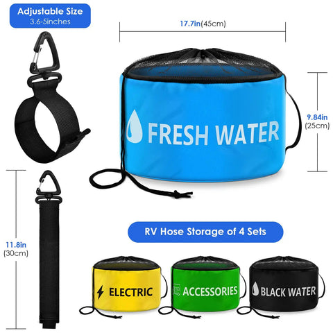 Waterproof RV Hose Storage Bags Set Of 4 with color-coded pouches labeled for fresh water, electric, accessories, and black water.