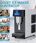 Rugged Commercial Nugget Ice Maker Slings 100 Lbs Of Smooth Chewable Pellets Daily With 12 Lb Storage showcasing touchscreen and dimensions.