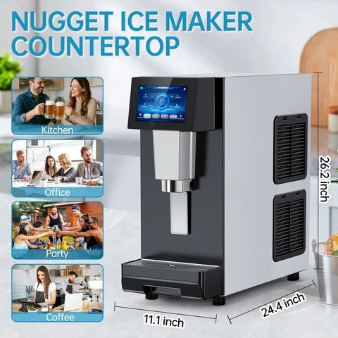 Rugged Commercial Nugget Ice Maker Slings 100 Lbs Of Smooth Chewable Pellets Daily With 12 Lb Storage showcasing touchscreen and dimensions.