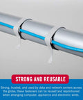 Self Fastening Cable Ties 100 Pack 8 By 0.5 Inch Black Thin Pre Cut Wire Management Straps securing cables on a pipe.