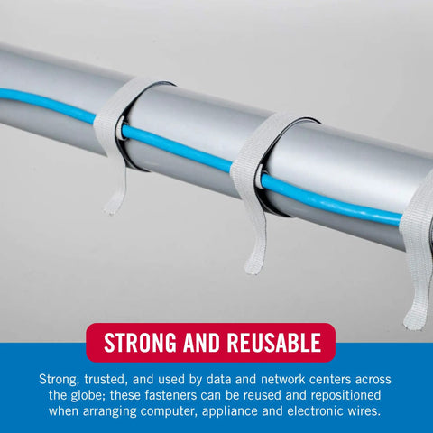 Self Fastening Cable Ties 100 Pack 8 By 0.5 Inch Black Thin Pre Cut Wire Management Straps securing cables on a pipe.