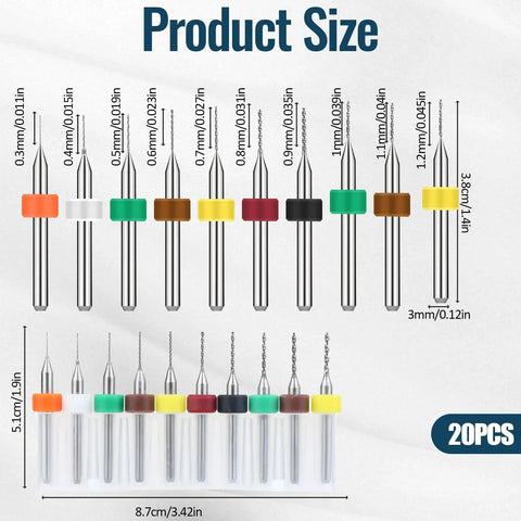 Pro Grade Micro Drill Bit Set 0.1mm To 1.0mm Tungsten Steel Tiny Twist Bits shown with size measurements for precise drilling