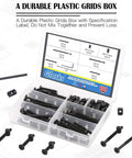 All In One M6 Hex Socket Cap Bolts and Barrel Nuts Kit 120 Pcs in open box with labels and wrench visible, black finish