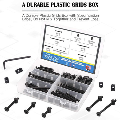 All In One M6 Hex Socket Cap Bolts and Barrel Nuts Kit 120 Pcs in open box with labels and wrench visible, black finish