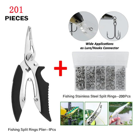 200 Piece Fishing Stainless Steel Split Ring Set With 5 Sizes And Split Ring Plier Pro Grade Heavy Duty Tool Kit in storage box