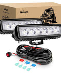 Two Pack 18W Spot LED Work Lights For Off Road Driving Fog Beams With 16 AWG Wiring Harness Kit and Durable Aluminum Housing