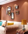Living room with matte brown peel and stick contact paper removable wallpaper self adhesive vinyl waterproof on wall behind sofa.